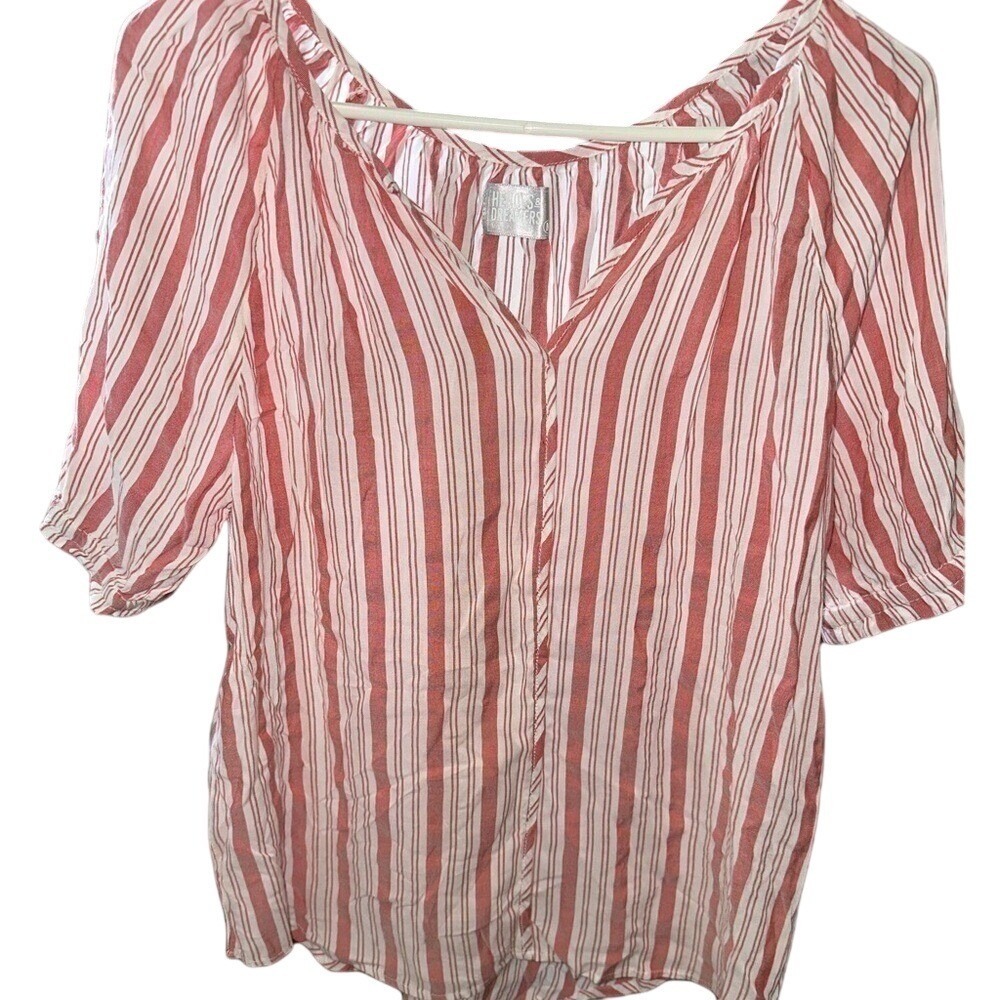 Heroes & Dreamers Womens Red‎ White Striped V-Neck Puff Sleeve Top Medium NEW